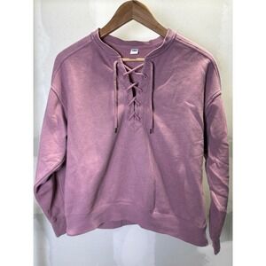 Old Navy Womens Medium Dusty Rose Lace Up Pullover Sweatshirt Mauve Fleece M
